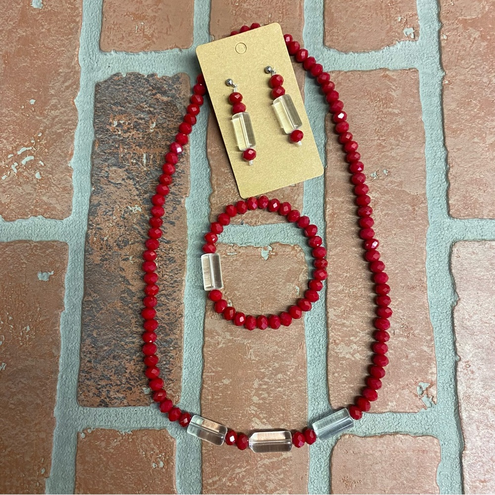 Fashion Red Crystal Beaded 3-piece Necklace, Earrings, Bracelet Set
